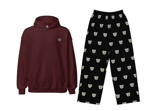 Maroon hoodie and black pants with finjan pattern on a white background