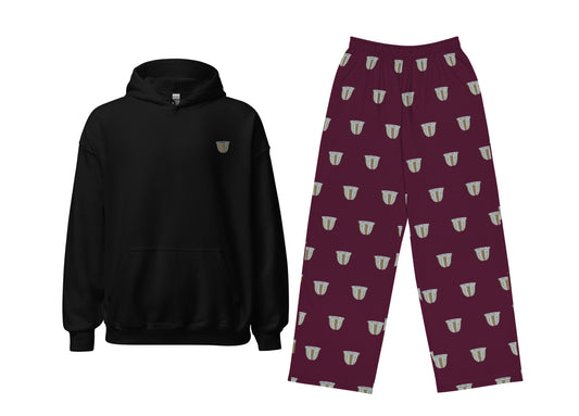 Black hoodie and maroon pants with pattern on a white background