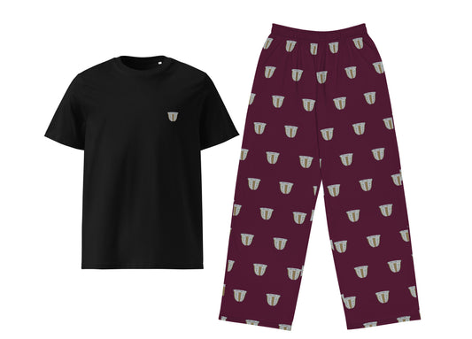 Black t-shirt and maroon pants with pattern on a white background