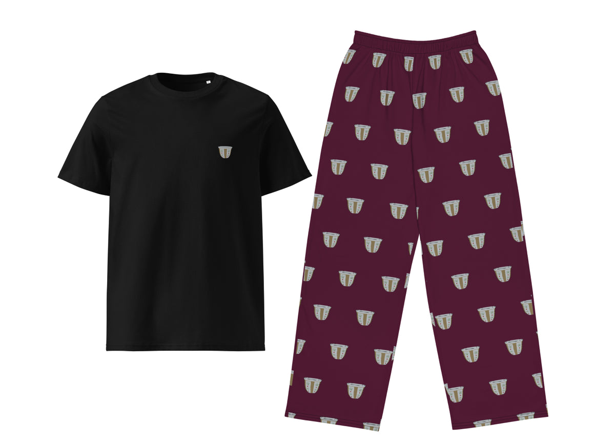 Black t-shirt and maroon pants with pattern on a white background