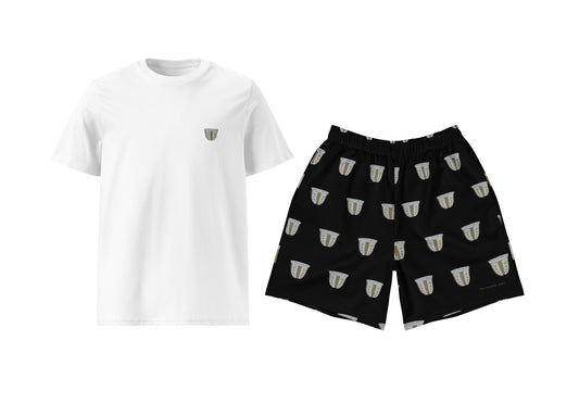 White t-shirt and black shorts with Finjan pattern on a white background