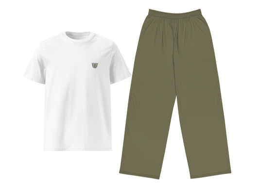 White t-shirt with a small logo and green pants on a white background