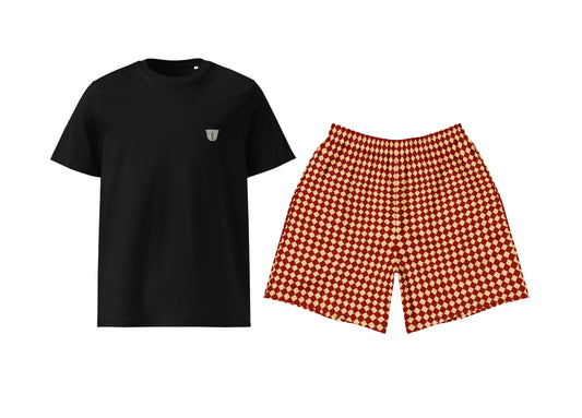 Finjan (Red & Beige Triangle Checkered) T-Shirt & Athletic Long Shorts Set