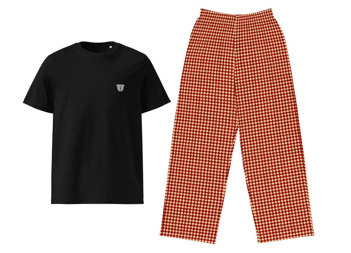 Black t-shirt and red checkered pants on a white background