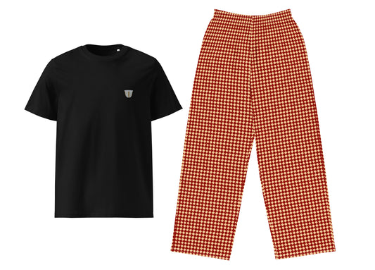 Black t-shirt and red checkered pants on a white background
