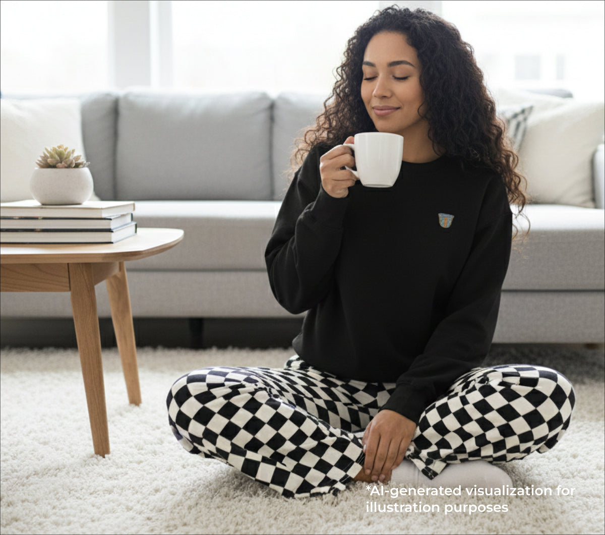 Woman sitting on the floor holding a mug in a living room.