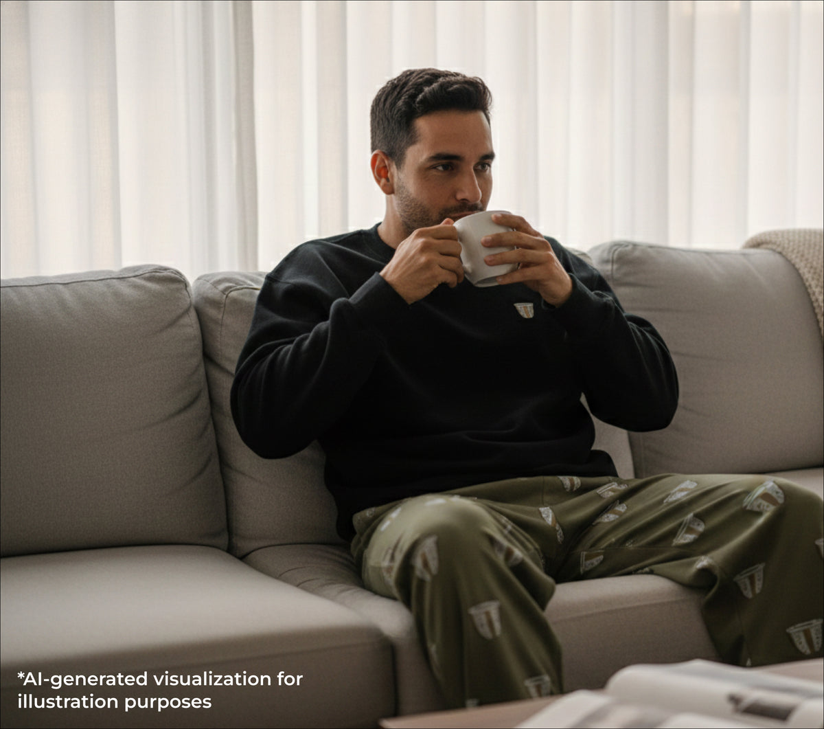 A man sitting on a couch drinking coffee from a mug, and he's wearing a black sweatshirt with an embroidered finjan on it, and green pants with a finjan pattern.