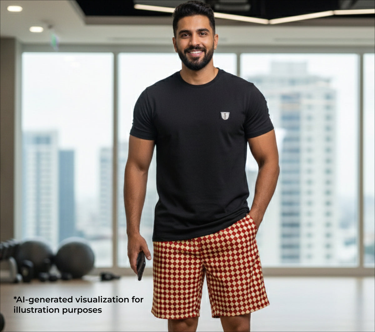 Man wearing a black t-shirt and red checkered shorts in an indoor setting with large windows.
