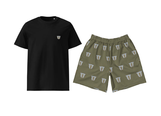 Black t-shirt and green shorts with a finjan pattern on a white background