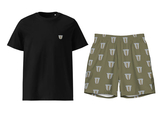 Black t-shirt and green shorts with a finjan pattern on a white background