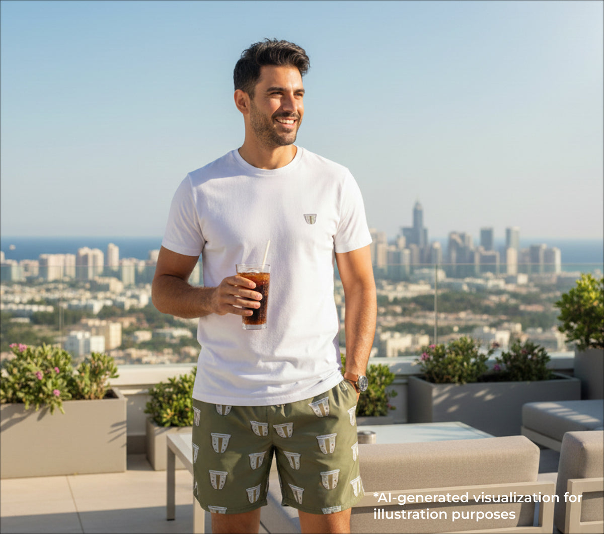 Man holding a drink on a rooftop with a cityscape in the background
