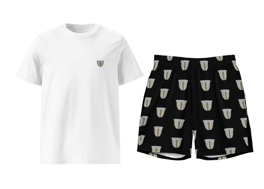 White t-shirt and black shorts with a finjan pattern on a white background