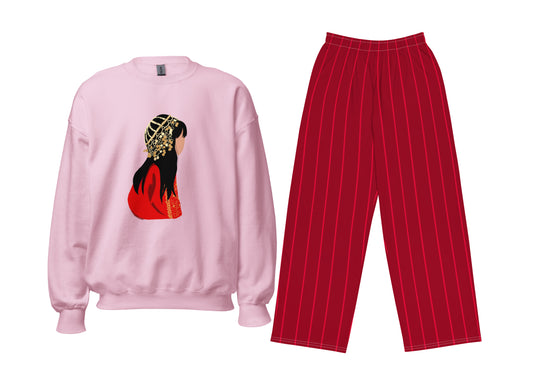 Pink sweatshirt with a graphic design and red pants on a white background