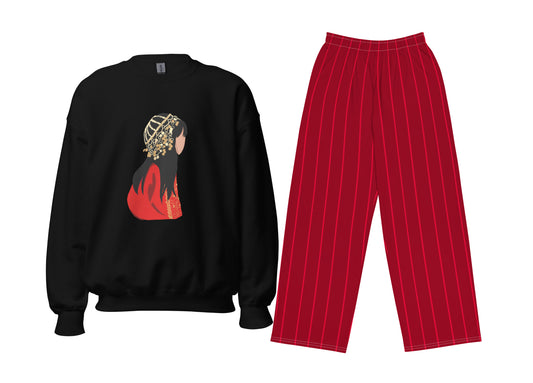 Black sweatshirt with a colorful design and red pants on a white background