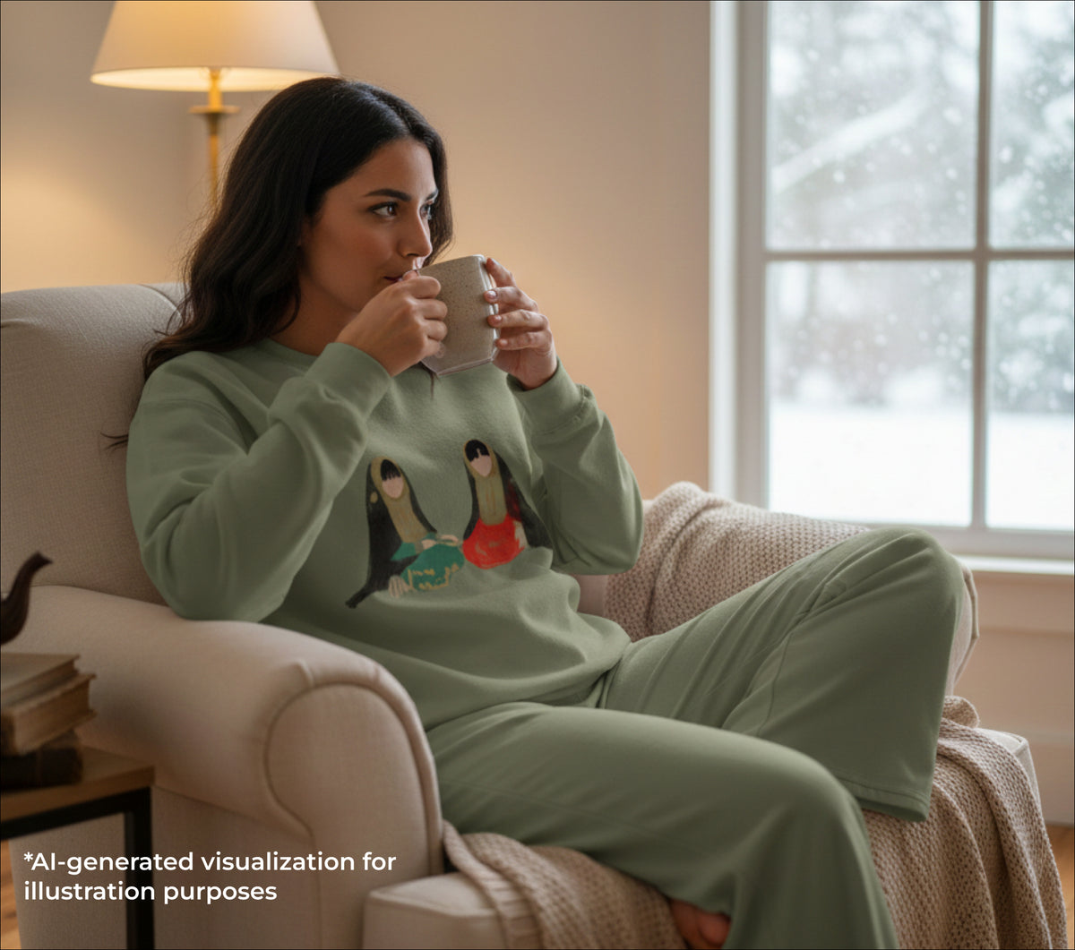 Woman in a cozy living room drinking from a mug, wearing a green sweatshirt & pants set with a girls in bukhnag design.