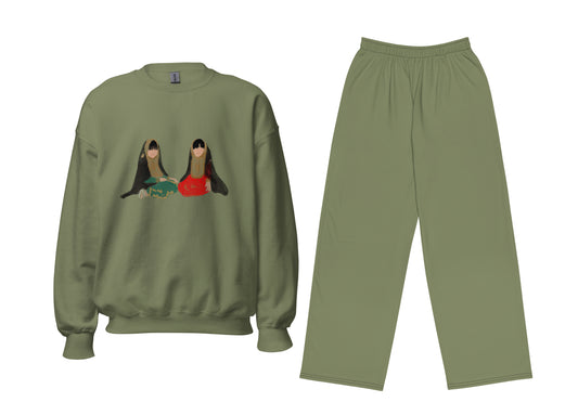 Green sweatshirt and pants set with graphic design on a white background