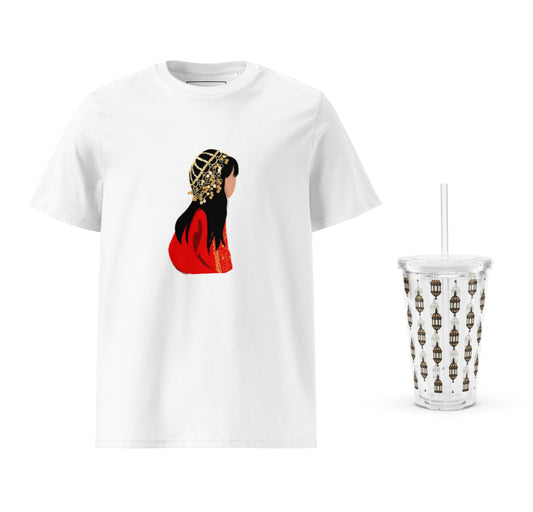A white T-shirt with a little girl in gold print on the front and a clear plastic tumbler with a lantern pattern.