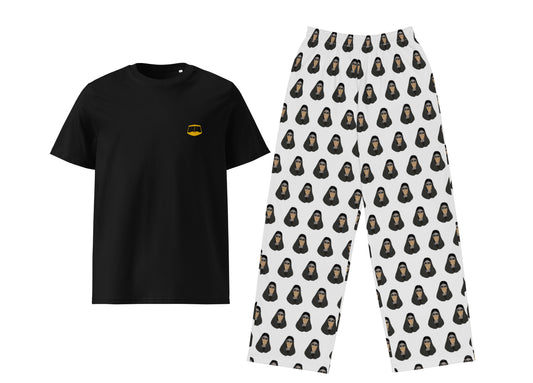 Black t-shirt with a small burqa and white pants with woman in a golden burqa pattern on a white background