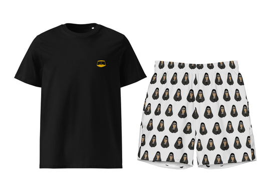 Black t-shirt with burqa and white shorts with golden burqa pattern on a white background