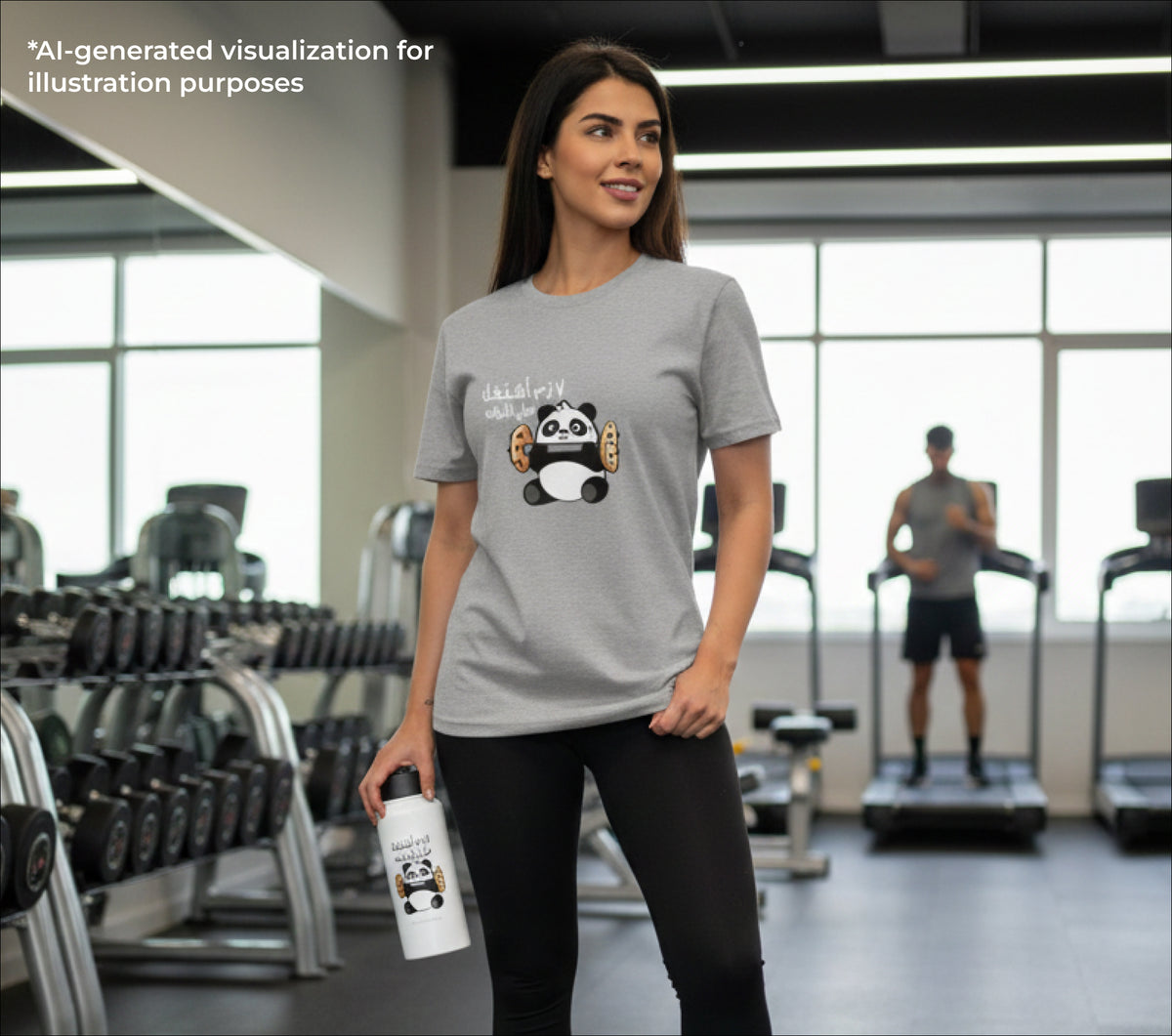 Woman in a gym wearing a t-shirt with a panda design, holding a water bottle.