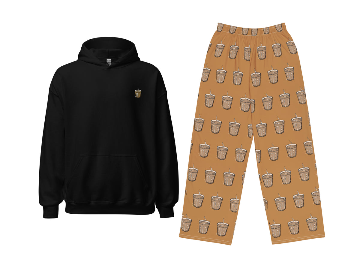 Black hoodie and brown pants with Karak cup pattern on a white background