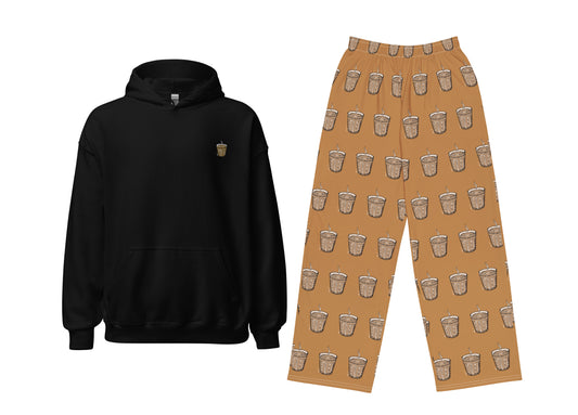 Black hoodie and brown pants with Karak cup pattern on a white background