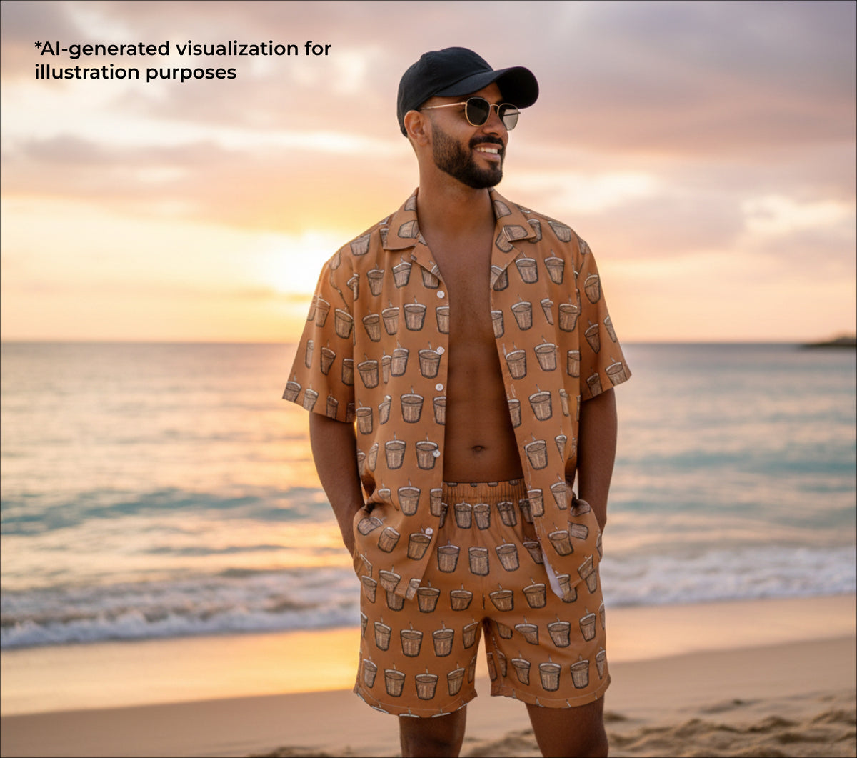 Man in a karak patterned shirt and shorts standing on a beach with sunset in the background