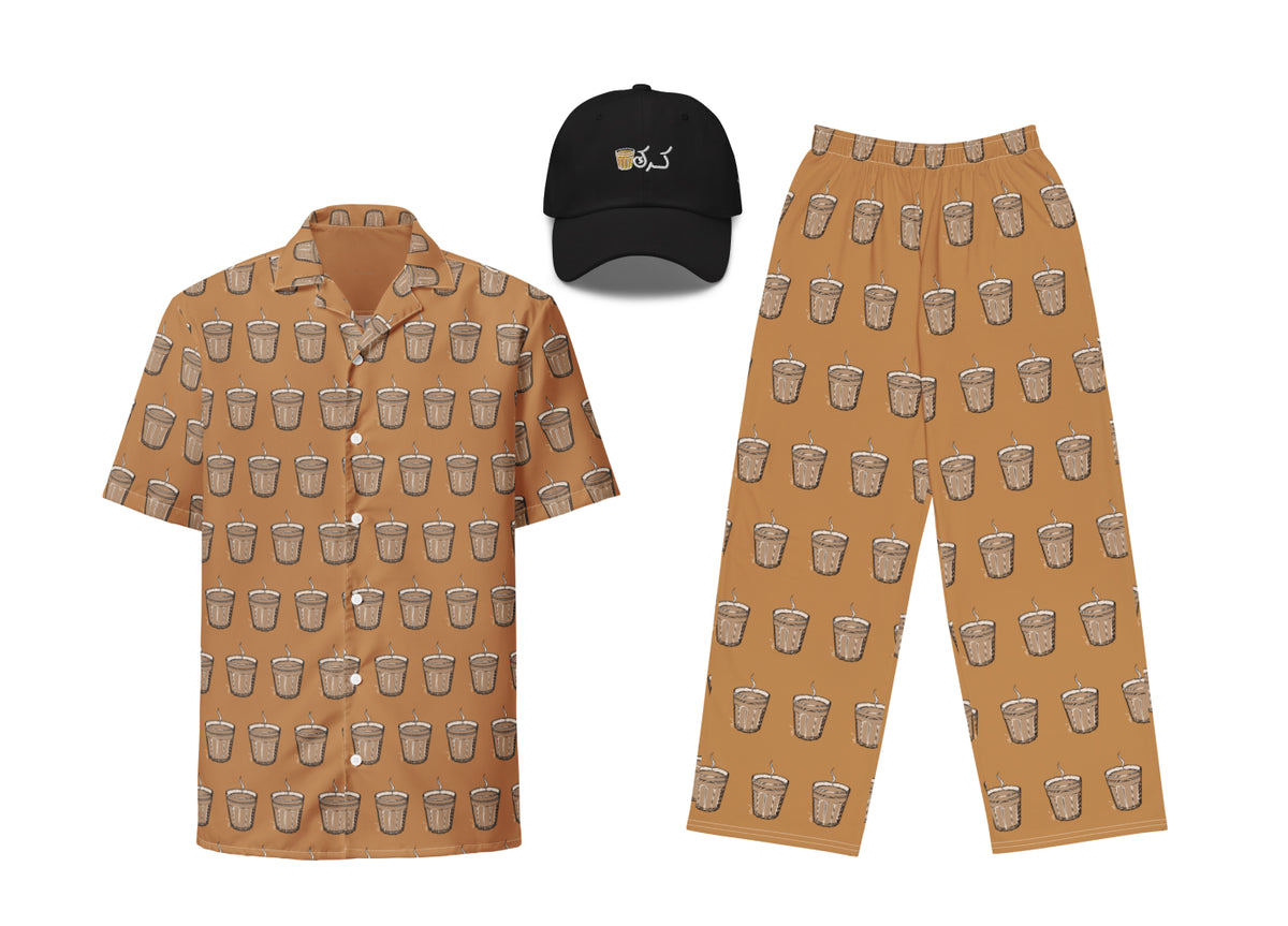 A set of brown apparel featuring a karak pattern, including a button-up shirt, wide-leg pants, and a dad hat.