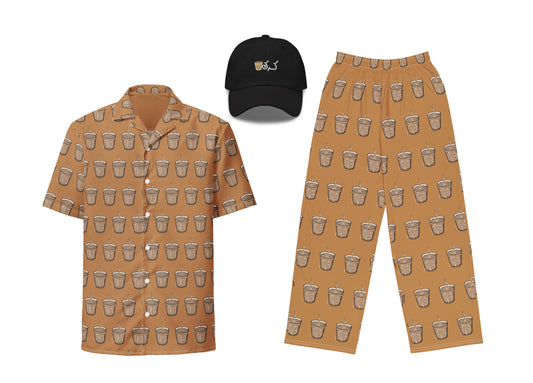 A set of brown apparel featuring a karak pattern, including a button-up shirt, wide-leg pants, and a dad hat.