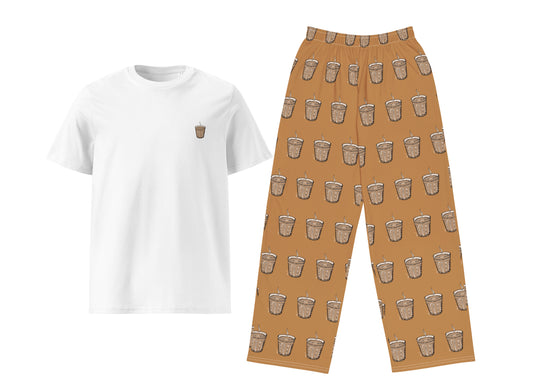White t-shirt and karak patterned pants on a white background