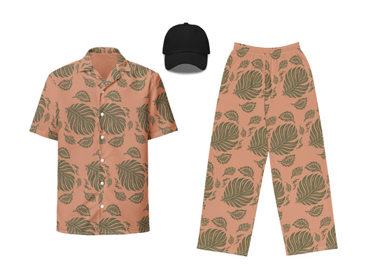 A set of clothing featuring a leaf pattern, including a button-up shirt, wide-leg pants, and a dad hat.