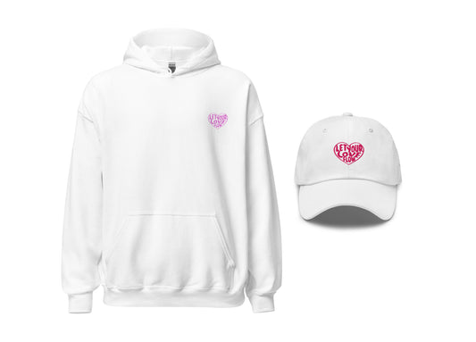A white hoodie with a small embroidery that says "Let Your Love Flow", and a white dad hat with the same embroidery
