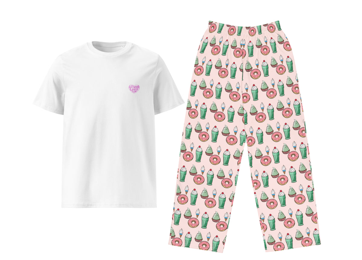 White t-shirt and pants with a colorful pattern on a white background