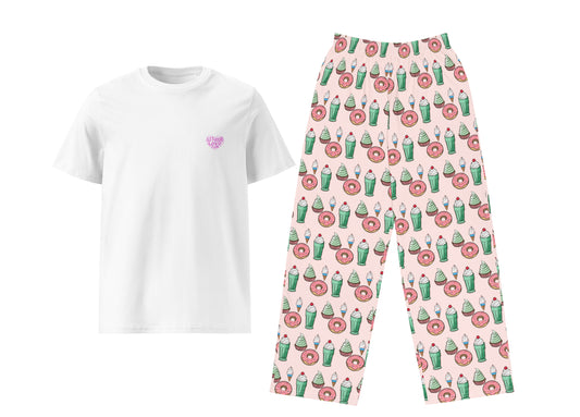 White t-shirt and pants with a colorful pattern on a white background