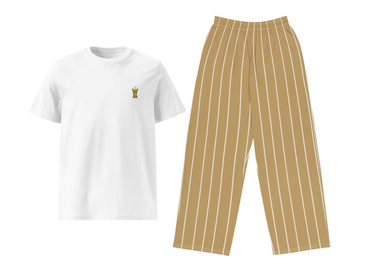 White t-shirt with a small mubkhar and beige striped pants on a white background