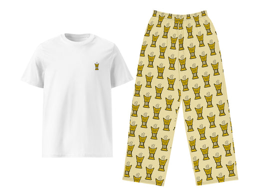 White t-shirt with a small logo and patterned yellow pants on a white background