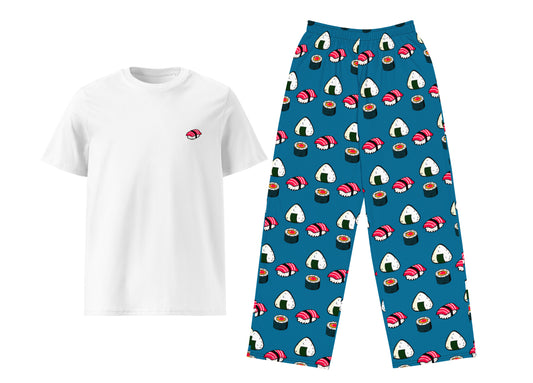 White t-shirt with a small nigiri and blue pants with sushi pattern on a white background