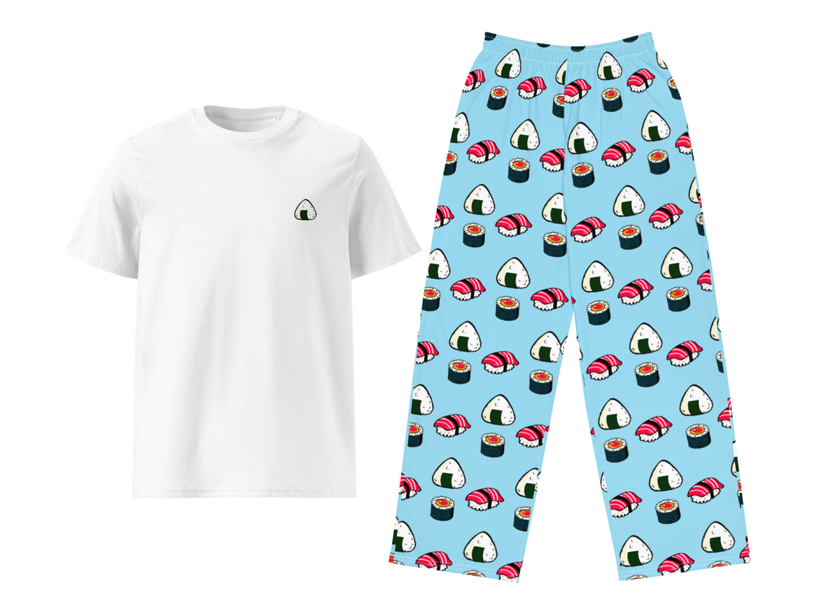White t-shirt and blue pants with sushi pattern on a white background