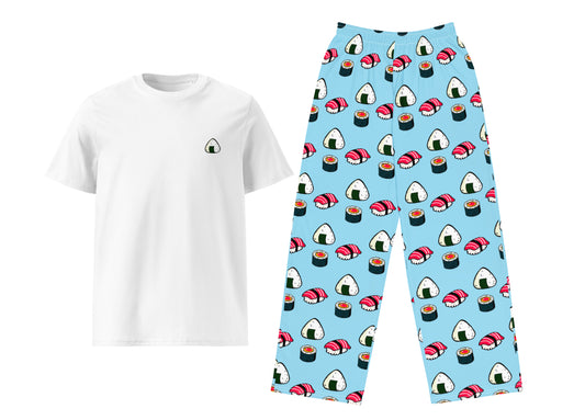 White t-shirt and blue pants with sushi pattern on a white background