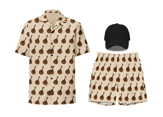 A set of beige-colored apparel featuring a oud instrument pattern, including a button shirt, swim trunks, and a dad hat.