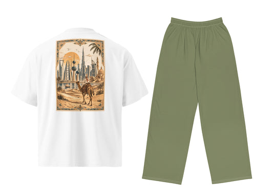 White t-shirt with graphic design and green pants on a white background