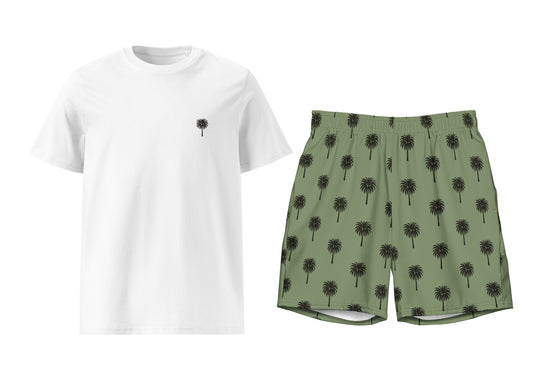 White t-shirt with a small black palm tree design and green shorts with palm tree pattern on a white background