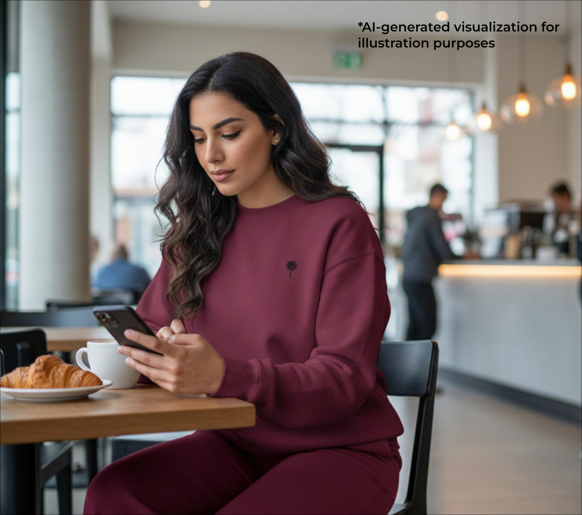 Woman in a maroon outfit using a smartphone in a cafe.