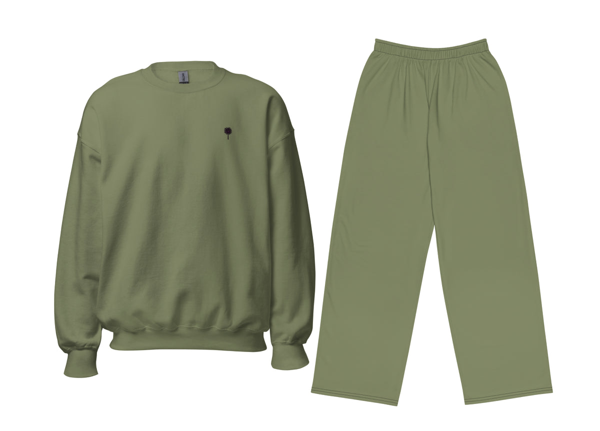 Palm Tree embroidered on a military green sweatshirt and pants set on a white background