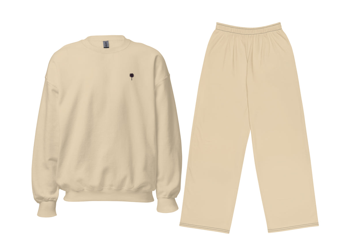 sand sweatshirt and pants set on a white background