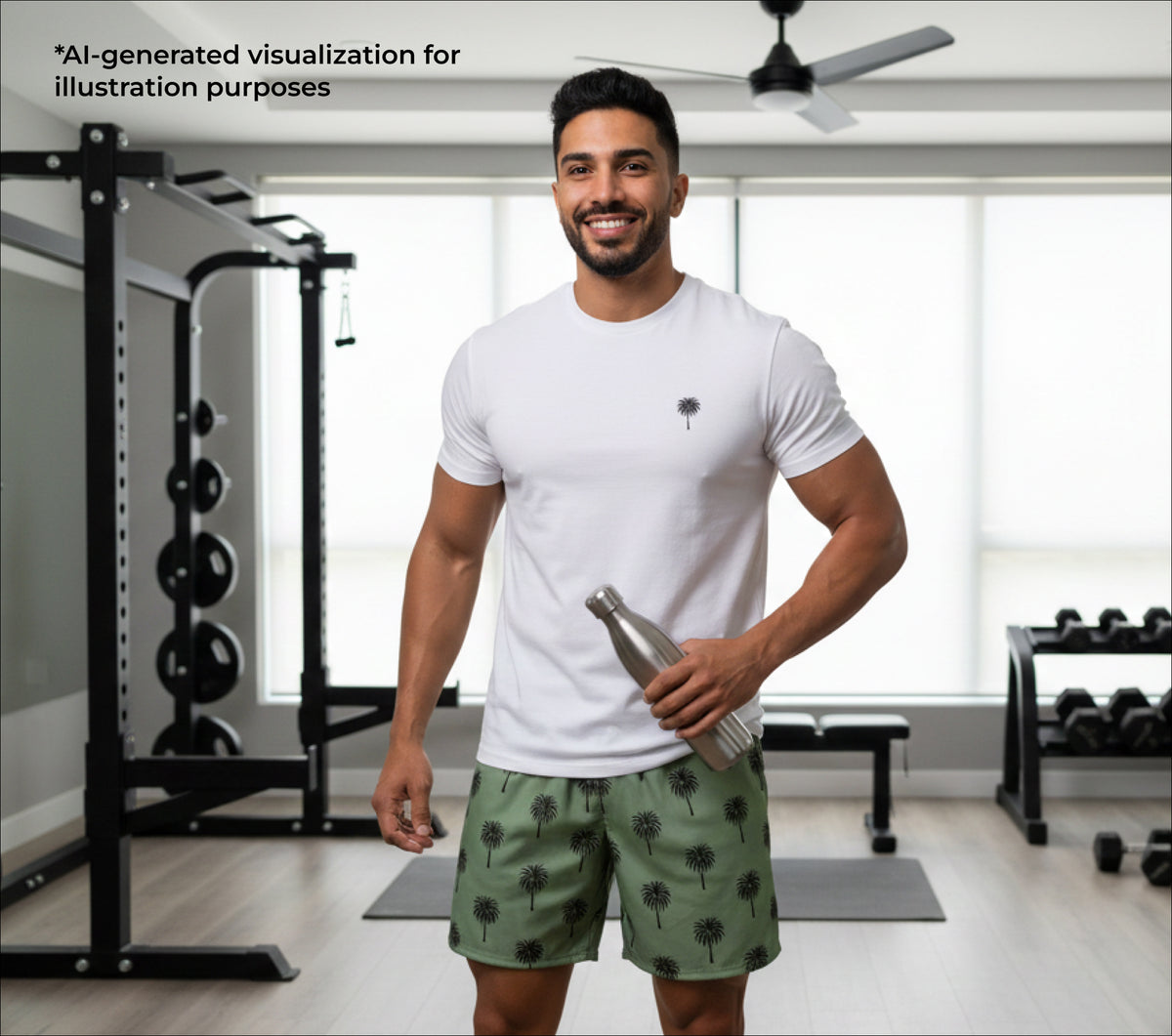 Man holding a water bottle in a gym setting