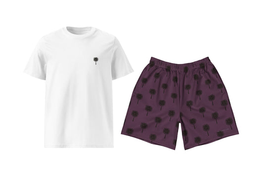 White t-shirt and purple shorts with black palm tree patterns on a white background