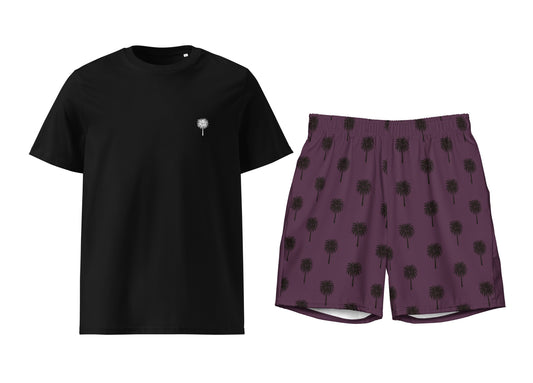 Black t-shirt and purple shorts with palm tree pattern on a white background