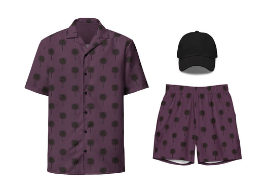 A set of purple clothing items with a palm tree pattern, including a button-up shirt, swim trunks, and a dad hat.