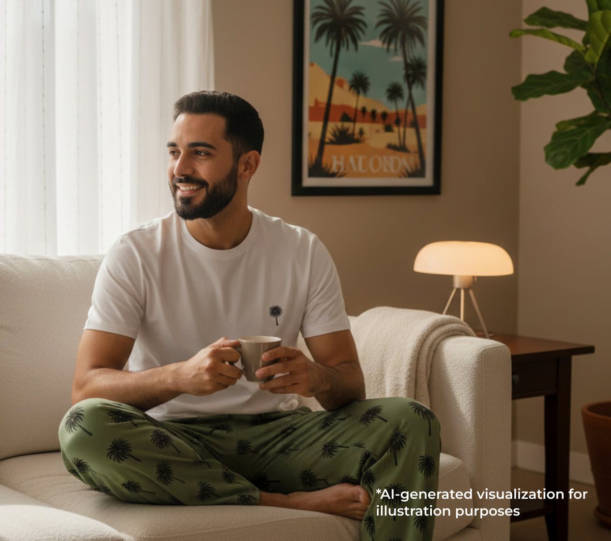 man wearing white t-shirt with small palm tree and green pants with a palm tree patterned prints